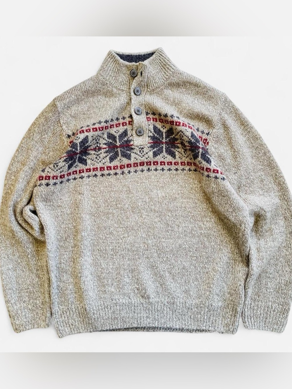 Tricots St Raphael Vintage Nordic Snowflake Fairisle Tan Knit Sweater Mockneck L